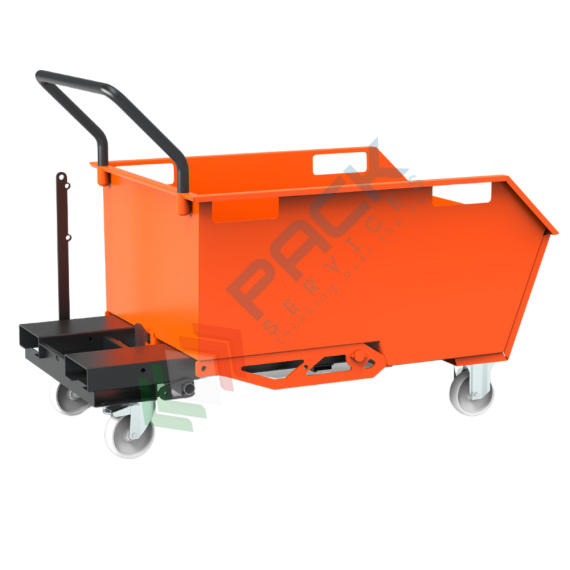 Benna ribaltabile porta rottami con ruote, in acciaio, capacità 300 Lt, portata 1000 kg, Mis. 1300 L x 780 P x 650 H mm, colore arancione RAL 2004, Tipologia: Benna Scarico con Muletto, Pareti: Chiuse, Base: 4 Ruote, Capacità: 300 Lt, Portata (Kg): 1000 vendita, produzione, prezzi e offerte