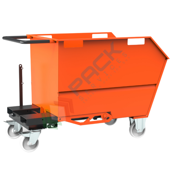 Benna ribaltabile porta rottami con ruote, in acciaio, capacità 500 Lt, portata 1000 kg, Mis. 1410 L x 800 P x 970 H mm, colore arancione RAL 2004, Tipologia: Benna Scarico con Muletto, Pareti: Chiuse, Base: 4 Ruote, Capacità: 500 Lt, Portata (Kg): 1000 vendita, produzione, prezzi e offerte
