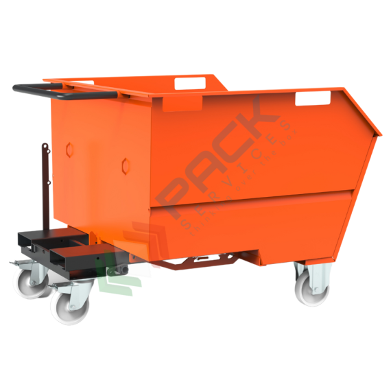 Benna ribaltabile porta rottami con ruote, in acciaio, capacità 750 Lt, portata 1350 kg, Mis. 1400 L x 1150 P x 970 H mm, colore arancione RAL 2004, Tipologia: Benna Scarico con Muletto, Pareti: Chiuse, Base: 4 Ruote, Capacità: 750 Lt, Portata (Kg): 1350 vendita, produzione, prezzi e offerte