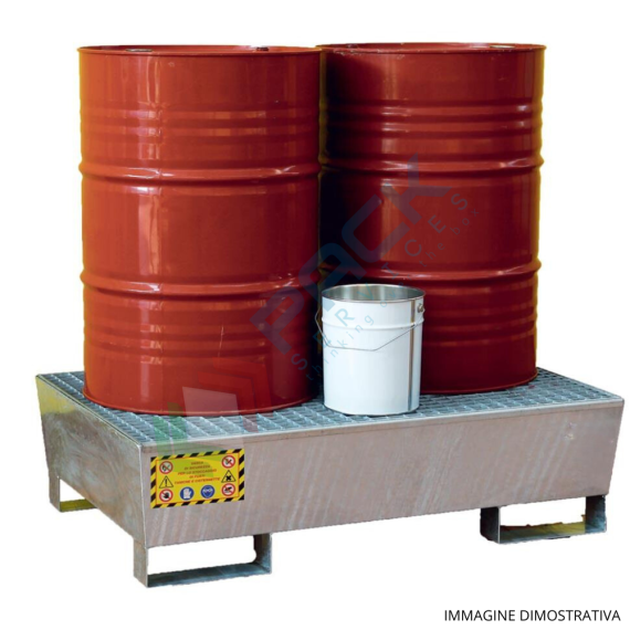 Vasca di contenimento liquidi in acciaio zincato, conica ed inseribile, ideale per 2 fusti, volume di raccolta 220 Lt, Mis. 1300 L x 800 P x 340 H mm, Tipologia: Vasca per Fusti, Ideale per: 2 Fusti, Versione: Conica con Griglia, Materiale: Acciaio, Volume di Raccolta (Lt): 220, 16 image vendita, produzione, prezzi e offerte