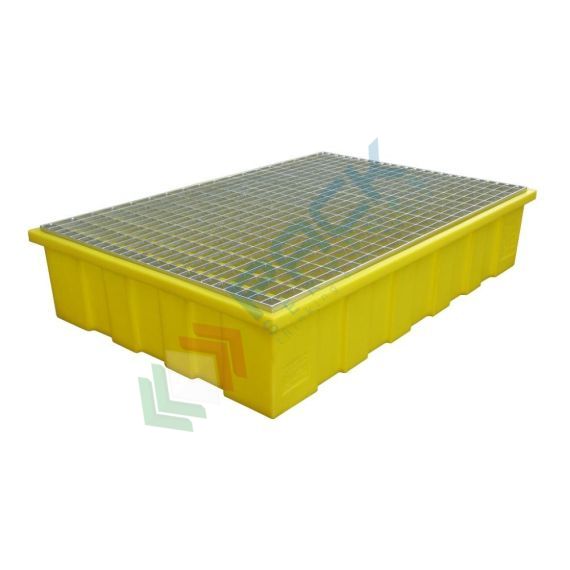Vasca di contenimento liquidi in plastica (PE) con griglia in acciaio zincato, ideale per 2 fusti , volume di raccolta 220 Lt, Mis. 1230 L x 830 P x 300 H mm, colore giallo, Tipologia: Vasca per Fusti, Ideale per: 2 Fusti, Versione: con Griglia in Zincato, Materiale: Plastica, Volume di Raccolta (Lt): 220 vendita, produzione, prezzi e offerte