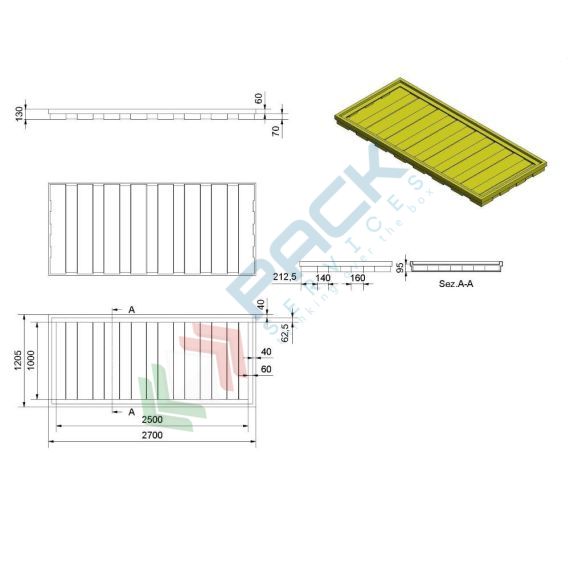 Vasca di contenimento liquidi in plastica (PE), per sotto scaffalatura, volume di raccolta 400 Lt, Mis. 2700 L x 1205 P x 130 H mm, colore giallo, Tipologia: Vasca per Fusti, Ideale per: 5 Fusti, Versione: per Sotto Scaffalatura, Materiale: Plastica, Volume di Raccolta (Lt): 400, 4 image vendita, produzione, prezzi e offerte