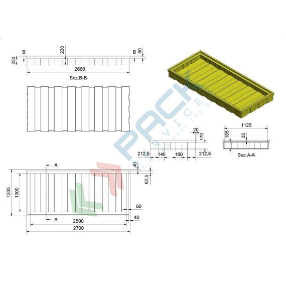 Vasca di contenimento liquidi in plastica (PE), per sotto scaffalatura, volume di raccolta 650 Lt, Mis. 2700 L x 1205 P x 230 H mm, colore giallo, Tipologia: Vasca per Fusti, Ideale per: 6 Fusti, Versione: per Sotto Scaffalatura, Materiale: Plastica, Volume di Raccolta (Lt): 650, 5 image vendita, produzione, prezzi e offerte