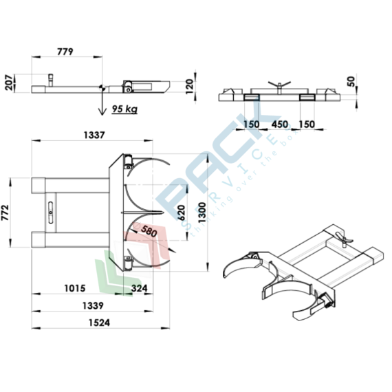 Pinza bifusto inforcabile per la presa centrale, in acciaio verniciato, Mis. 1520 L x 1300 P x 210 H mm, ideale per fusti in metallo, 2 image vendita, produzione, prezzi e offerte