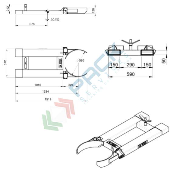 Pinza monofusto inforcabile per la presa centrale, in acciaio verniciato, Mis. 1520 L x 612 P x 210 H mm, ideale per fusti in metallo, 2 image vendita, produzione, prezzi e offerte