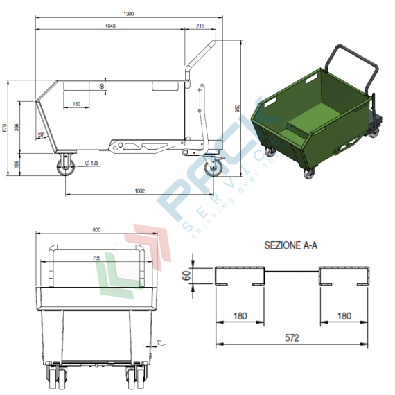 Benna ribaltabile porta rottami con ruote, in acciaio, capacità 300 Lt, portata 1000 kg, Mis. 1300 L x 780 P x 650 H mm, colore arancione RAL 2004, Tipologia: Benna Scarico con Muletto, Pareti: Chiuse, Base: 4 Ruote, Capacità: 300 Lt, Portata (Kg): 1000, 5 image vendita, produzione, prezzi e offerte