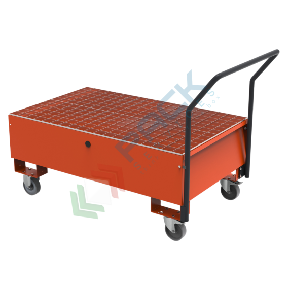 Vasca di contenimento liquidi carrellata, in acciaio ideale per 2 fusti, volume di raccolta 200 Lt, Mis. 1300 L x 800 P x 392 H mm, colore arancio RAL 2004, Tipologia: Vasca per Fusti, Ideale per: 2 Fusti, Versione: Carrellabile, Materiale: Acciaio, Volume di Raccolta (Lt): 200 vendita, produzione, prezzi e offerte