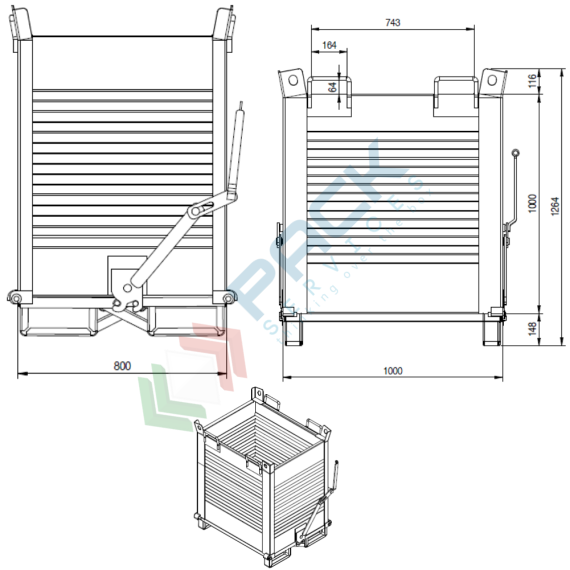 Contenitore in lamiera con fondo apribile a doppio portello, Mis. 1000 L x 800 P x 1260 H mm, portata 2000 Kg, colore arancio RAL 2004, Tipologia: Contenitore Fondello Doppio, Pareti: Chiuse, Base: con Slitte, Mis. Base (cm): 80 x 100, Altezza (cm): 126, Portata (Kg): 2000, 3 image vendita, produzione, prezzi e offerte