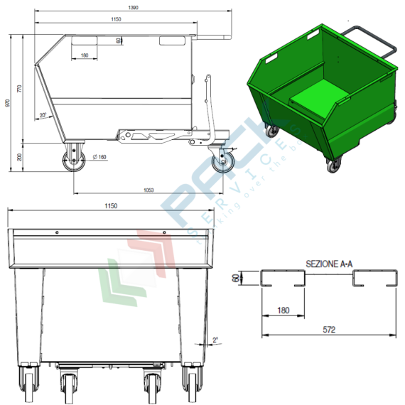 Benna ribaltabile porta rottami con ruote, in acciaio, capacità 750 Lt, portata 1350 kg, Mis. 1400 L x 1150 P x 970 H mm, colore arancione RAL 2004, Tipologia: Benna Scarico con Muletto, Pareti: Chiuse, Base: 4 Ruote, Capacità: 750 Lt, Portata (Kg): 1350, 5 image vendita, produzione, prezzi e offerte