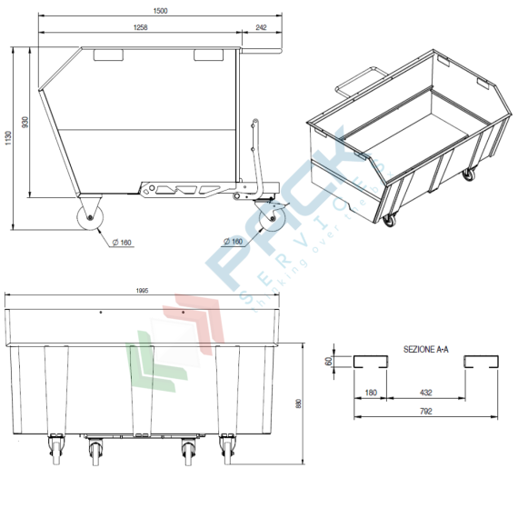 Benna ribaltabile porta rottami con ruote, in acciaio, capacità 2000 Lt, portata 2000 kg, Mis. 2000 L x 1495 P x 1137 H mm, colore arancione RAL 2004, Tipologia: Benna Scarico con Muletto, Pareti: Chiuse, Base: 4 Ruote, Capacità: 2000 Lt, Portata (Kg): 2000, 5 image vendita, produzione, prezzi e offerte