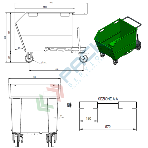 Benna ribaltabile porta rottami con ruote, in acciaio, capacità 500 Lt, portata 1000 kg, Mis. 1410 L x 800 P x 970 H mm, colore arancione RAL 2004, Tipologia: Benna Scarico con Muletto, Pareti: Chiuse, Base: 4 Ruote, Capacità: 500 Lt, Portata (Kg): 1000, 5 image vendita, produzione, prezzi e offerte