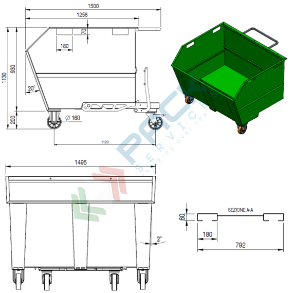 Benna ribaltabile porta rottami con ruote, in acciaio, capacità 1350 Lt, portata 2000 kg, Mis. 1500 L x 1494 P x 1130 H mm, colore arancione RAL 2004, Tipologia: Benna Scarico con Muletto, Pareti: Chiuse, Base: 4 Ruote, Capacità: 1350 Lt, Portata (Kg): 2000, 5 image vendita, produzione, prezzi e offerte