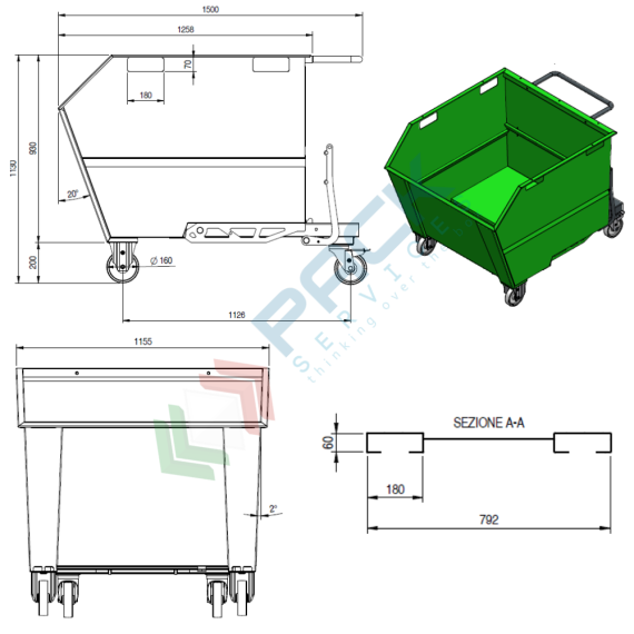 Benna ribaltabile porta rottami con ruote, in acciaio, capacità 1000 Lt, portata 1700 kg, Mis. 1500 L x 1155 P x 1130 H mm, colore arancione RAL 2004, Tipologia: Benna Scarico con Muletto, Pareti: Chiuse, Base: 4 Ruote, Capacità: 1000 Lt, Portata (Kg): 1700, 5 image vendita, produzione, prezzi e offerte