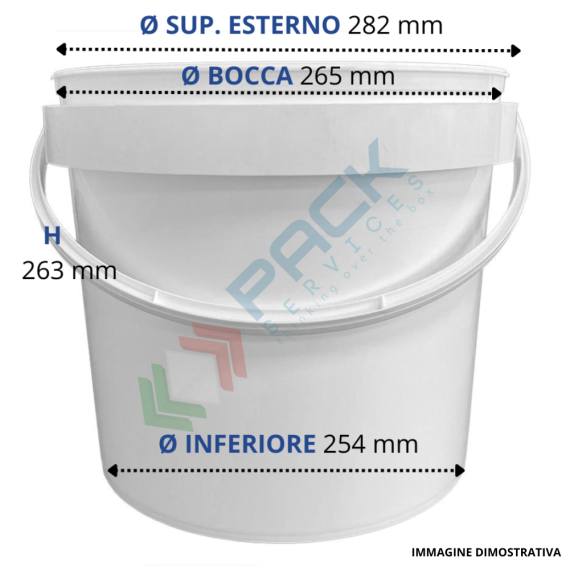 Secchio plastica (PP) conico, capacità 12 Lt, Mis. Ø 265 x 263 H mm, omologato ADR/ONU, manico in plastica, chiusura a pressione (coperchio escluso), colore neutro, Tipologia: Secchio Conico, Capacità: 12 Lt, Omologazione ADR: SI, Manico: Plastica, Colore: Neutro, Made In: Italia, 8 image vendita, produzione, prezzi e offerte