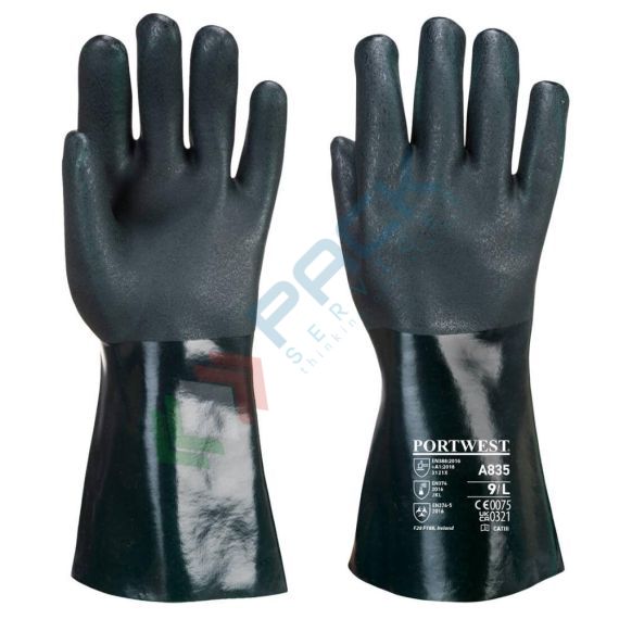 Guanti da lavoro protezione chimica in PVC a doppio strato con palmo sabbiato e foderato in jersey, spessore 1,6 mm, 350 mm di lunghezza, omologati EN 388 + EN 374, colore verde, taglia XL vendita, produzione, prezzi e offerte