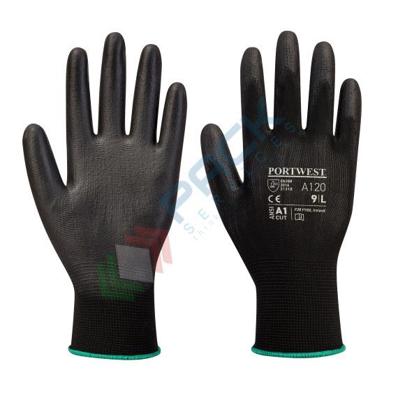 Guanti da lavoro con grip, in poliestere con rivestimento in liscio PU per una maggiore resistenza all'abrasione, calibro 13, omologati EN 388, colore nero, taglia M, Colore: Nero, Taglia: M vendita, produzione, prezzi e offerte
