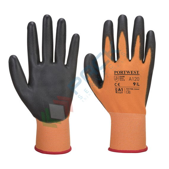 Guanti da lavoro con grip, in poliestere con rivestimento in liscio PU per una maggiore resistenza all'abrasione, calibro 13, omologati EN 388, colore arancione/nero, taglia XS, Colore: Arancione, Taglia: XS vendita, produzione, prezzi e offerte