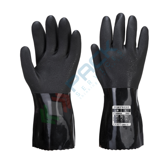 Guanti da lavoro protezione chimica, calore e antistatica (ESD) in PVC e palmo sabbiato, garzato, spessore 1,5 mm, 300 mm di lunghezza, omologati EN 388 + EN 407 + EN ISO 374 + IEC 61340-5, colore nero, taglia XXL, Colore: Nero, Taglia: XXL vendita, produzione, prezzi e offerte