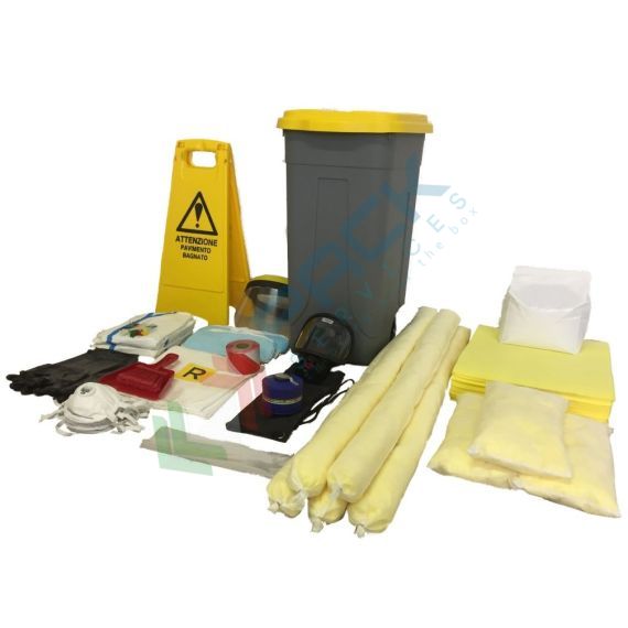 Kit di pronto intervento per rischio chimico, capacità assorbente 50 Lt, confezionato in bidone carrellato, Tipologia: Kit Rischio Chimico, Modello: Contenitore Carrellato, Confezionamento: Bidone, Capacità di Assorbimento Conf. (Lt): 50 vendita, produzione, prezzi e offerte