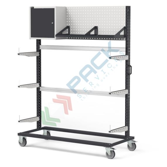 Carrello rastrelliera monofronte in lamiera, Mis. 1552 L x 668 x 1965 H mm, pannello forato con pensile e mensole, colore grigio antracite RAL 7016 e grigio RAL 7035 vendita, produzione, prezzi e offerte