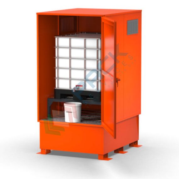 Deposito di stoccaggio in acciaio per 1 cisternetta IBC, con tetto fisso, volume di raccolta 1000 Lt, Mis. 1360 L x 1665 P x 2600 H mm, colore arancio RAL 2004, Tipologia: Deposito per Cisterne, Ideale per: 1 Cisterna, Versione: Tetto Fisso, Materiale: Acciaio Verniciato, Volume di Raccolta (Lt): 1000 vendita, produzione, prezzi e offerte