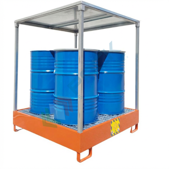 Vasca di contenimento liquidi in acciaio con tettoia, volume di raccolta 330 Lt, ideale per 4 fusti, Mis. 1340 L x 1250 P x 1600 H mm, colore arancio RAL 2004, Tipologia: Vasca per Fusti, Ideale per: 4 Fusti, Versione: con Tettoia, Materiale: Acciaio, Volume di Raccolta (Lt): 330 vendita, produzione, prezzi e offerte