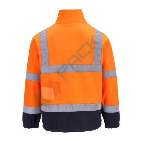 Pile alta visibilità colletto alto, senza cappuccio, Mesh foderato, 100% poliestere, 300 gr, chiusura con zip, omologato EN ISO 20471 + EN 14058, colore arancione + blu navy, Tipologia: Pile Alta Visibilità, Colore: Arancione + Blu Scuro, Taglia: L, Vestibilità: Regular, 3 image vendita, produzione, prezzi e offerte
