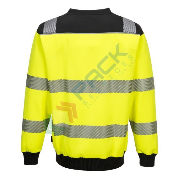 Felpa alta visibilità girocollo, senza cappuccio, PW3 modello performante, 65% poliestere + 35% cotone, 300 gr, senza zip, omologata EN ISO 20471, colore giallo + nero, Tipologia: Felpa Alta Visibilità, Colore: Giallo + Nero, Taglia: 4XL, Vestibilità: Regular, 4 image vendita, produzione, prezzi e offerte