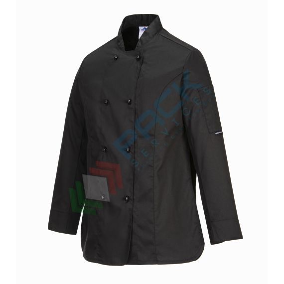 Giacca da lavoro, modello chef, tessuto MeshAir, da donna, 65% poliestere + 35% cotone, 1 tasca, 190 gr, manica lunga, colore nero, Colore: Nero, Taglia: L, 3 image vendita, produzione, prezzi e offerte