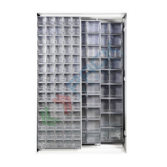 Armadio con cassettiere porta minuteria, capacità 200 cassetti, 2 pannelli fissi + 2 scorrevoli, colore grigio chiaro, Tipologia: Scaffale con Pannelli Scorrevoli, Tipo Contenitore: Cassette Portaminuteria, Versione: 2 Fissi + 2 Scorrevoli, Cassetti/e nr.: 200, Colore: Grigio Chiaro, Misura: 1270 L x 600 P x 1950 H mm vendita, produzione, prezzi e offerte