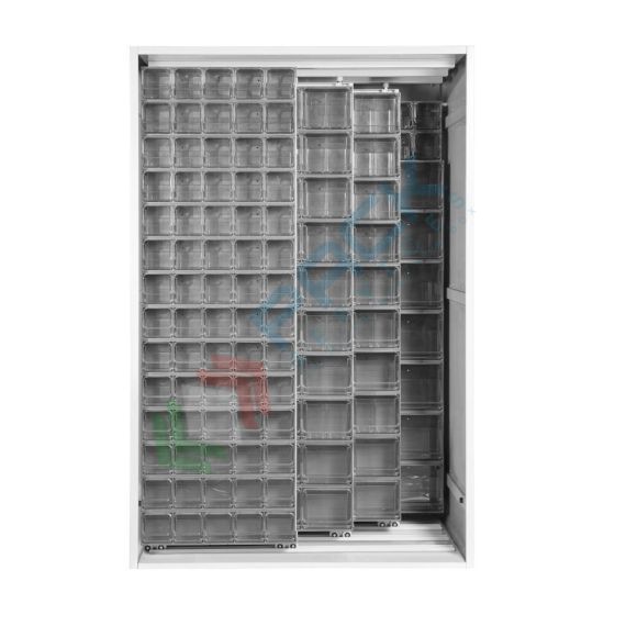 Armadio con cassettiere porta minuteria, capacità 144 cassetti, 2 pannelli fissi + 3 scorrevoli, colore grigio chiaro, Tipologia: Scaffale con Pannelli Scorrevoli, Tipo Contenitore: Cassette Portaminuteria, Versione: 2 Fissi + 3 Scorrevoli, Cassetti/e nr.: 144, Colore: Grigio Chiaro, Misura: 1270 L x 800 P x 1950 H mm vendita, produzione, prezzi e offerte