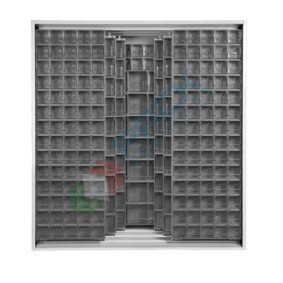 Armadio con cassettiere porta minuteria, capacità 510 cassetti, 3 pannelli fissi + 6 scorrevoli, colore grigio scuro, Tipologia: Scaffale con Pannelli Scorrevoli, Tipo Contenitore: Cassette Portaminuteria, Versione: 3 Fissi + 6 Scorrevoli, Cassetti/e nr.: 510, Colore: Grigio Scuro, Misura: 1870 L x 800 P x 1950 H mm vendita, produzione, prezzi e offerte