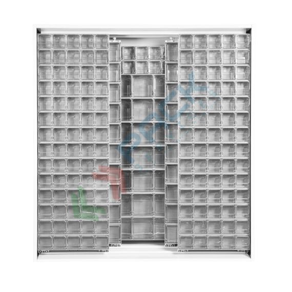 Armadio con cassettiere porta minuteria, capacità 370 cassetti, 3 pannelli fissi + 4 scorrevoli, colore grigio chiaro, Tipologia: Scaffale con Pannelli Scorrevoli, Tipo Contenitore: Cassette Portaminuteria, Versione: 3 Fissi + 4 Scorrevoli, Cassetti/e nr.: 370, Colore: Grigio Chiaro, Misura: 1870 L x 600 P x 1950 H mm vendita, produzione, prezzi e offerte