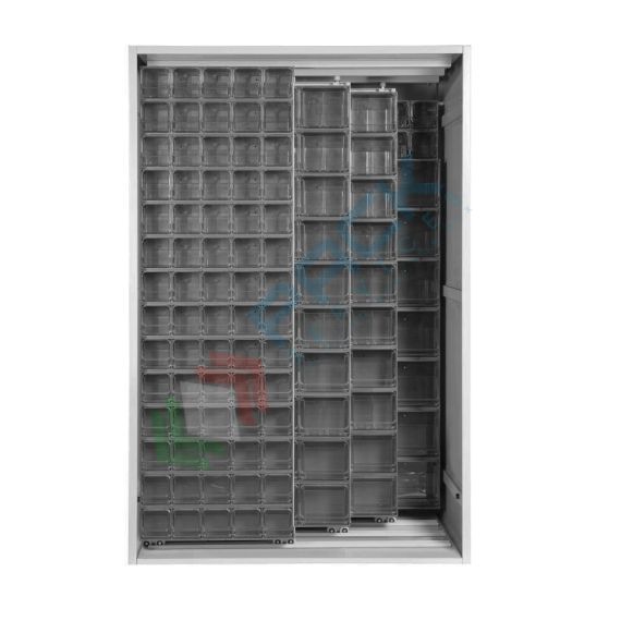 Armadio con cassettiere porta minuteria, capacità 150 cassetti, 2 pannelli fissi + 3 scorrevoli, colore grigio scuro, Tipologia: Scaffale con Pannelli Scorrevoli, Tipo Contenitore: Cassette Portaminuteria, Versione: 2 Fissi + 3 Scorrevoli, Cassetti/e nr.: 150, Colore: Grigio Scuro, Misura: 1270 L x 800 P x 1950 H mm vendita, produzione, prezzi e offerte