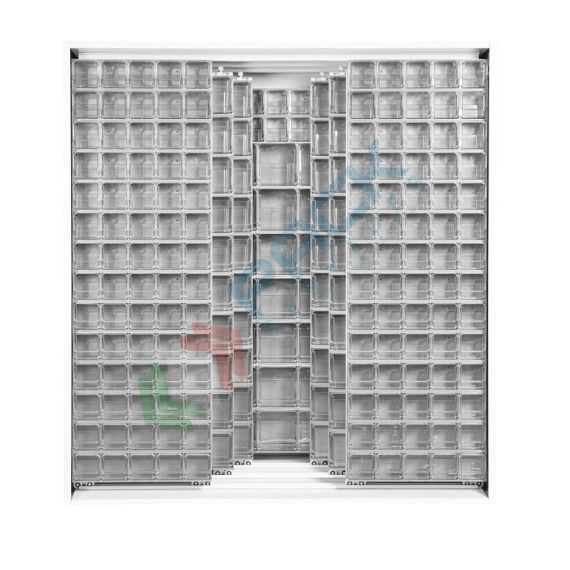 Armadio con cassettiere porta minuteria, capacità 261 cassetti, 3 pannelli fissi + 6 scorrevoli, colore grigio chiaro, Tipologia: Scaffale con Pannelli Scorrevoli, Tipo Contenitore: Cassette Portaminuteria, Versione: 3 Fissi + 6 Scorrevoli, Cassetti/e nr.: 261, Colore: Grigio Chiaro, Misura: 1870 L x 800 P x 1950 H mm vendita, produzione, prezzi e offerte