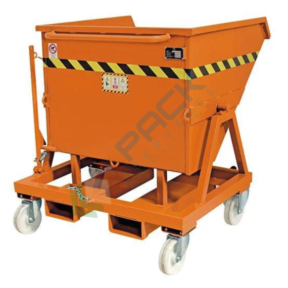 Benna ribaltabile con ruote, in acciaio, capacità 400 Lt, svuotamento manuale e con muletto, arancio RAL 2004, Tipologia: Benna Scarico Manuale o con Muletto, Pareti: Chiuse, Base: 4 Ruote, Capacità: 400 Lt, Portata (Kg): 1000 vendita, produzione, prezzi e offerte