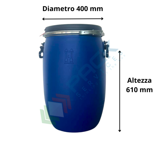 Fusto in plastica riciclata (HDPE) ad apertura totale, rotondo, capacità 60 Lt, non ADR/ONU, per solidi, Tipologia: Fusto Bocca Aperta Rotondo (TO-UN), Capacità: 60 Lt, Ideale per: Solidi e Polveri, Contatto Diretto con Alimenti: NO, Materiale: HDPE Riciclato, Colore: Blu, 9 image vendita, produzione, prezzi e offerte