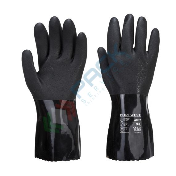 Guanti da lavoro protezione chimica, calore e antistatica (ESD) in PVC e palmo sabbiato, garzato, spessore 1,5 mm, 300 mm di lunghezza, omologati EN 388 + EN 407 + EN ISO 374 + IEC 61340-5, colore nero, taglia XL, Colore: Nero, Taglia: XL, 2 image vendita, produzione, prezzi e offerte