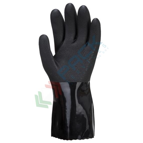 Guanti da lavoro protezione chimica, calore e antistatica (ESD) in PVC e palmo sabbiato, garzato, spessore 1,5 mm, 300 mm di lunghezza, omologati EN 388 + EN 407 + EN ISO 374 + IEC 61340-5, colore nero, taglia S, Colore: Nero, Taglia: S, 4 image vendita, produzione, prezzi e offerte