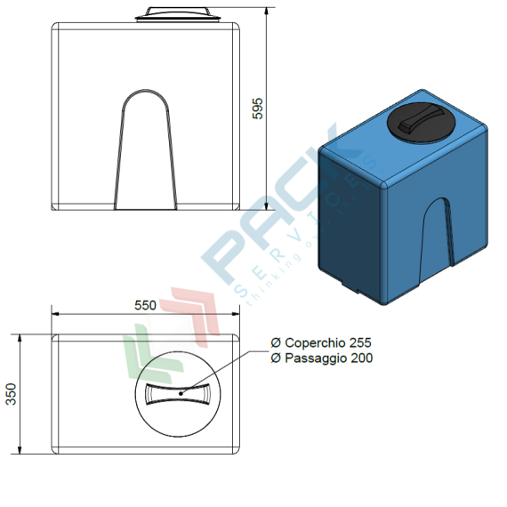 Serbatoio acqua in plastica (PE), parallelepipedo verticale, capacità 100 Lt, Mis. 350 L x 550 P x 595 H mm, colore azzurro, Tipologia: Serbatoio Parallelepipedo Verticale, Capacità: 100 Lt, Versione: Corpo Liscio, 9 image vendita, produzione, prezzi e offerte