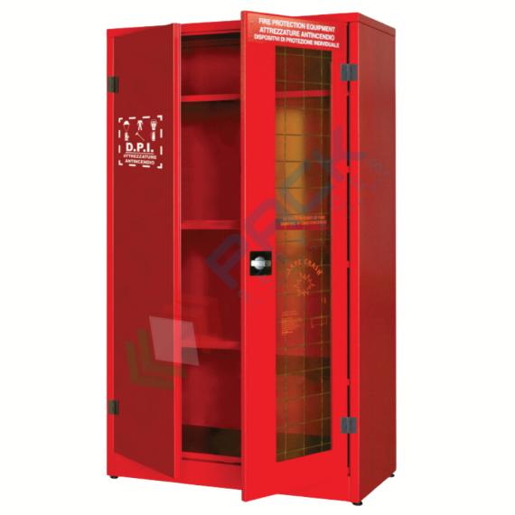Armadio di sicurezza per deposito DPI, Mis. 1075 L x 500 P x 1850 H mm, 2 ante di cui una con vetro frangibile, 3 ripiani, colore rosso RAL 3000, Tipologia: Armadio Porta DPI, Versione: Senza Appendiabiti, Larghezza (cm): 107,5, Profondità (cm): 50, Altezza (cm): 185, Ante: 1 Piena + 1 con Vetro Frangibile, Colore: Rosso, Versione Ripiani: Verniciati vendita, produzione, prezzi e offerte