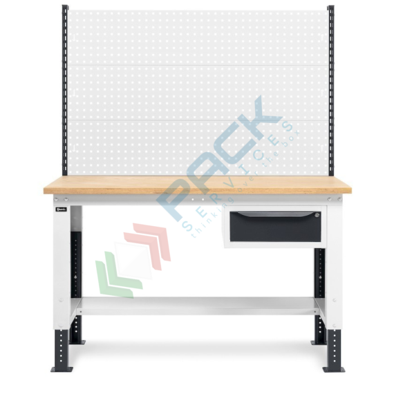 Banco da lavoro piano in legno con gambe regolabili, 1 cassetto e parete attrezzata, Mis. 1500 L x 750 P x 740/1100 H mm, colore antracite/grigio chiaro, Tipologia: Banco con Parete, Gambe: Regolabili, Materiale Piano: Legno, Larghezza (cm): 150, Versione: 1 Cassetto, Colore: Grigio, 6 image vendita, produzione, prezzi e offerte