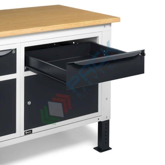 Banco da lavoro piano in legno con gambe regolabili, 2 cassetti, 2 armadi con porta e parete attrezzata, Mis. 1500 L x 750 P x 740/1100 H mm, colore antracite/grigio chiaro, Tipologia: Banco con Parete, Gambe: Regolabili, Materiale Piano: Legno, Larghezza (cm): 150, Versione: 2 Cassetti + 2 con Porta, Colore: Grigio, 8 image vendita, produzione, prezzi e offerte