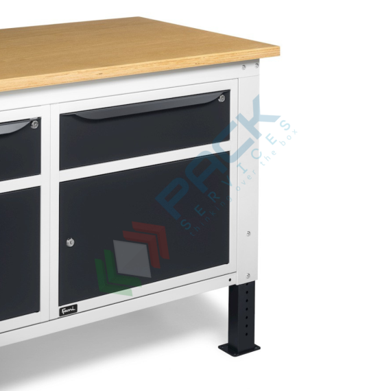 Banco da lavoro piano in legno con gambe regolabili, 2 cassetti, 2 armadi con porta e parete attrezzata, Mis. 1500 L x 750 P x 740/1100 H mm, colore antracite/grigio chiaro, Tipologia: Banco con Parete, Gambe: Regolabili, Materiale Piano: Legno, Larghezza (cm): 150, Versione: 2 Cassetti + 2 con Porta, Colore: Grigio, 9 image vendita, produzione, prezzi e offerte