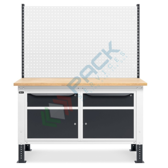 Banco da lavoro piano in legno con gambe regolabili, 2 cassetti, 2 armadi con porta e parete attrezzata, Mis. 1500 L x 750 P x 740/1100 H mm, colore antracite/grigio chiaro, Tipologia: Banco con Parete, Gambe: Regolabili, Materiale Piano: Legno, Larghezza (cm): 150, Versione: 2 Cassetti + 2 con Porta, Colore: Grigio, 6 image vendita, produzione, prezzi e offerte