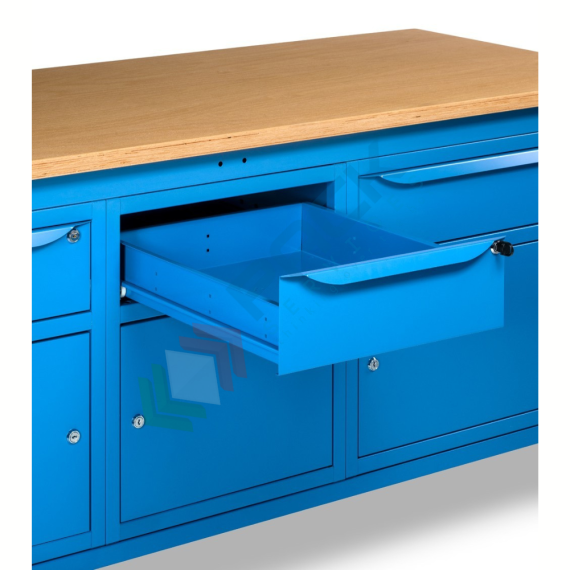 Banco da lavoro piano in legno con gambe regolabili, 3 armadi con cassetto e porta, Mis. 2000 L x 750 P x 740/1100 H mm, colore blu, Tipologia: Banco con Cassetti, Gambe: Regolabili, Materiale Piano: Legno, Larghezza (cm): 200, Versione: 3 Cassetti + 3 con Porta, Colore: Blu, 11 image vendita, produzione, prezzi e offerte