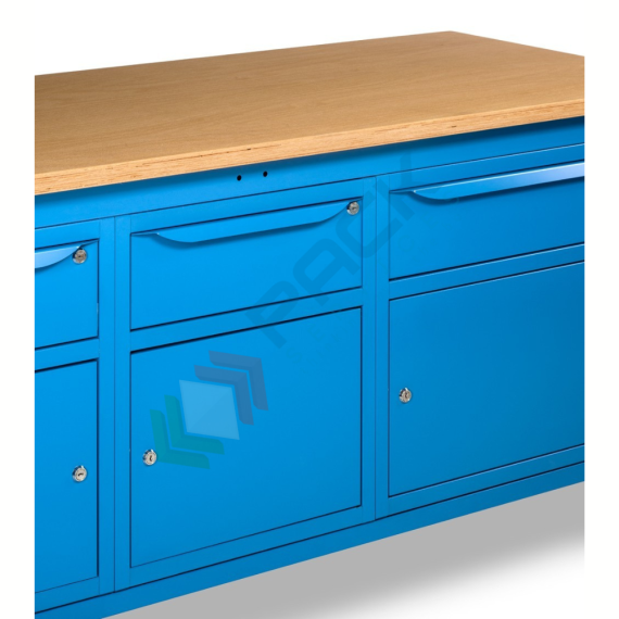 Banco da lavoro piano in legno con gambe regolabili, 3 armadi con cassetto e porta, Mis. 2000 L x 750 P x 740/1100 H mm, colore blu, Tipologia: Banco con Cassetti, Gambe: Regolabili, Materiale Piano: Legno, Larghezza (cm): 200, Versione: 3 Cassetti + 3 con Porta, Colore: Blu, 10 image vendita, produzione, prezzi e offerte