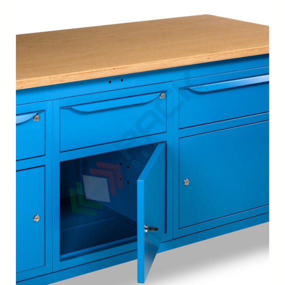 Banco da lavoro piano in legno con gambe regolabili, 3 armadi con cassetto e porta, Mis. 2000 L x 750 P x 740/1100 H mm, colore blu, Tipologia: Banco con Cassetti, Gambe: Regolabili, Materiale Piano: Legno, Larghezza (cm): 200, Versione: 3 Cassetti + 3 con Porta, Colore: Blu, 12 image vendita, produzione, prezzi e offerte