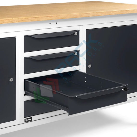Banco da lavoro piano in legno con gambe regolabili, parete attrezzata, 4 cassetti e 2 con porta, Mis. 2000 L x 750 P x 740/1100 H mm, colore antracite/grigio chiaro, Tipologia: Banco con Parete, Gambe: Regolabili, Materiale Piano: Legno, Larghezza (cm): 200, Versione: 4 Cassetti + 2 con Porta, Colore: Grigio, 11 image vendita, produzione, prezzi e offerte