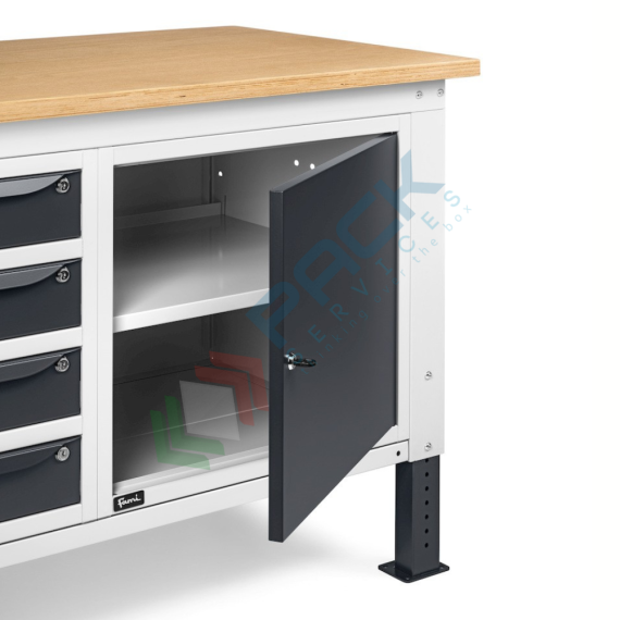 Banco da lavoro piano in legno con gambe regolabili, parete attrezzata, 4 cassetti e 2 con porta, Mis. 2000 L x 750 P x 740/1100 H mm, colore antracite/grigio chiaro, Tipologia: Banco con Parete, Gambe: Regolabili, Materiale Piano: Legno, Larghezza (cm): 200, Versione: 4 Cassetti + 2 con Porta, Colore: Grigio, 13 image vendita, produzione, prezzi e offerte